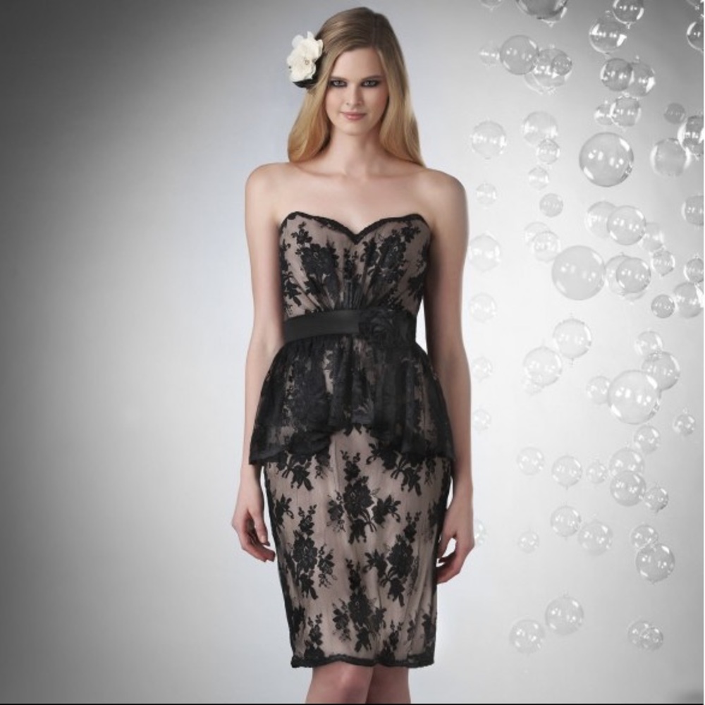 Bari Jay Strapless Black Lace Peplum Midi Dress